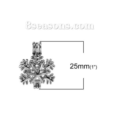 Picture of Zinc Based Alloy Wish Pearl Locket Jewelry Pendants Christmas Snowflake Silver Tone Can Open (Fit Bead Size: 8mm) 25mm(1") x 19mm( 6/8"), 2 PCs