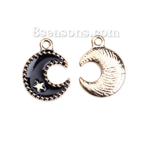 Picture of Zinc Based Alloy Galaxy Charms Half Moon Star Gold Plated Black Enamel 17mm( 5/8") x 12mm( 4/8"), 30 PCs