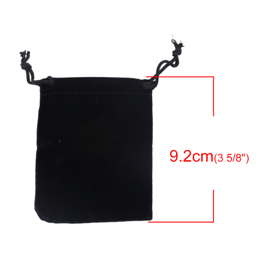 Picture of Velvet Jewelry Gift Bags Drawstring Rectangle Black (Usable Space: Approx 8.7cmx6.5cm) 92mm(3 5/8") x 70mm(2 6/8"), 10 PCs