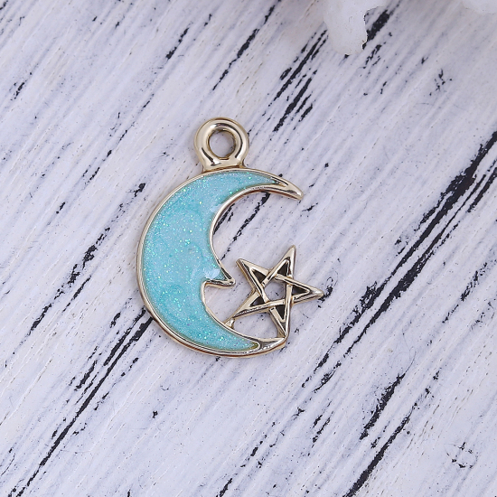 Picture of Zinc Based Alloy Galaxy Charms Half Moon Gold Plated Green Blue Star Enamel 21mm( 7/8") x 15mm( 5/8"), 10 PCs