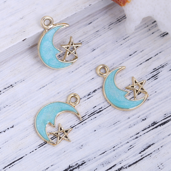 Picture of Zinc Based Alloy Galaxy Charms Half Moon Gold Plated Green Blue Star Enamel 21mm( 7/8") x 15mm( 5/8"), 10 PCs