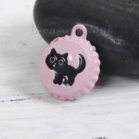 Zinc Based Alloy Bottle Cap Jewelry Charms Cat Animal Pink Black 22mm( 7/8") x 18mm( 6/8"), 5 PCs