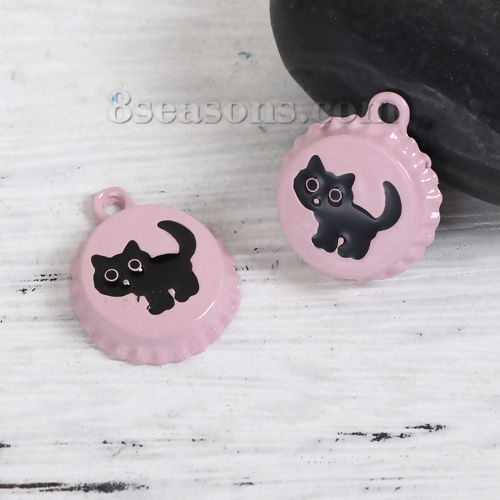 Picture of Zinc Based Alloy Bottle Cap Jewelry Charms Cat Animal Pink Black 22mm( 7/8") x 18mm( 6/8"), 5 PCs