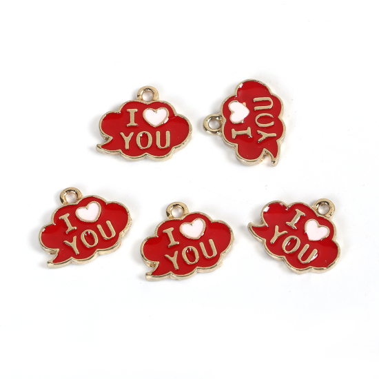 Bild von Zinklegierung Wetter Kollektion Charms Wolke Vergoldet Rot Message " I Love you " Emaille 16mm x 14mm, 10 Stück