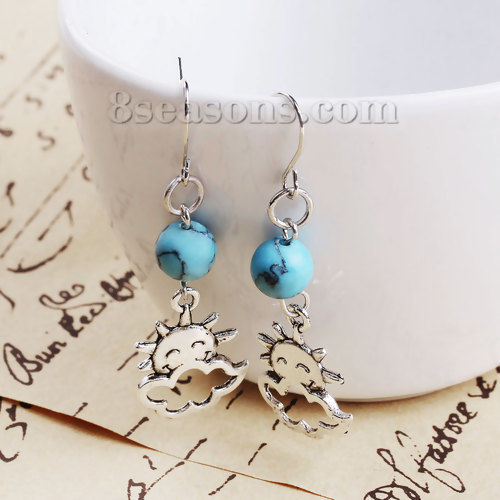 Picture of Turquoise Weather Collection Earrings Silver Tone Blue Cloud Sun 50mm(2") x 16mm( 5/8"), Post/ Wire Size: (21 gauge), 1 Pair
