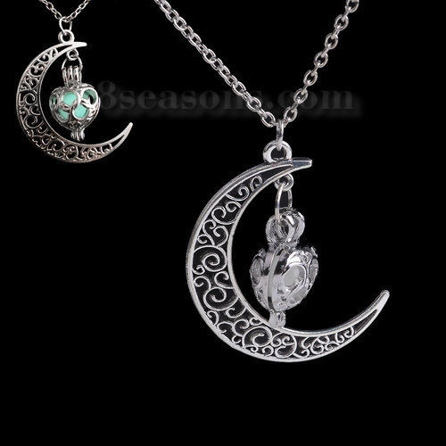 Picture of Galaxy Necklace Antique Silver Color Mexican Angel Caller Bola Harmony Ball Wish Box Moon Glow In The Dark Green Blue 48cm(18 7/8") long, 1 Piece