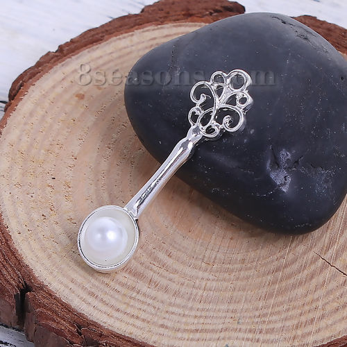 Picture of Zinc Based Alloy One Pearl Jewelry Pendants Spoon Silver Plated White Acrylic Imitation Pearl 38mm(1 4/8") x 11mm( 3/8"), 5 PCs