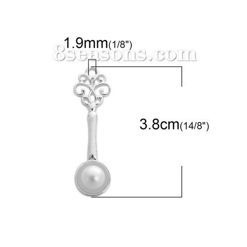 Picture of Zinc Based Alloy One Pearl Jewelry Pendants Spoon Silver Plated White Acrylic Imitation Pearl 38mm(1 4/8") x 11mm( 3/8"), 5 PCs