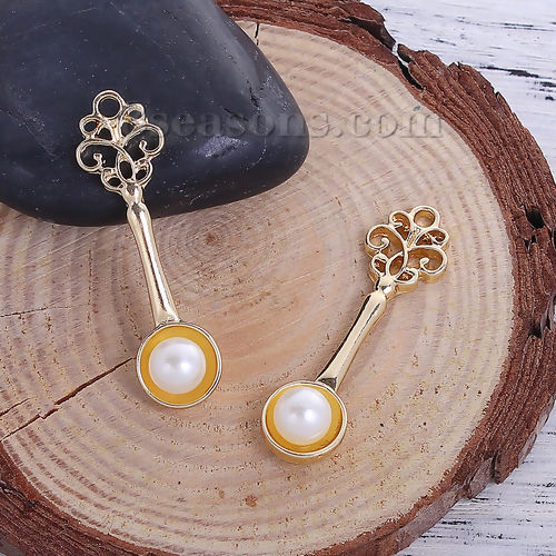 Picture of Zinc Based Alloy One Pearl Jewelry Pendants Spoon Gold Plated White Acrylic Imitation Pearl 38mm(1 4/8") x 11mm( 3/8"), 5 PCs