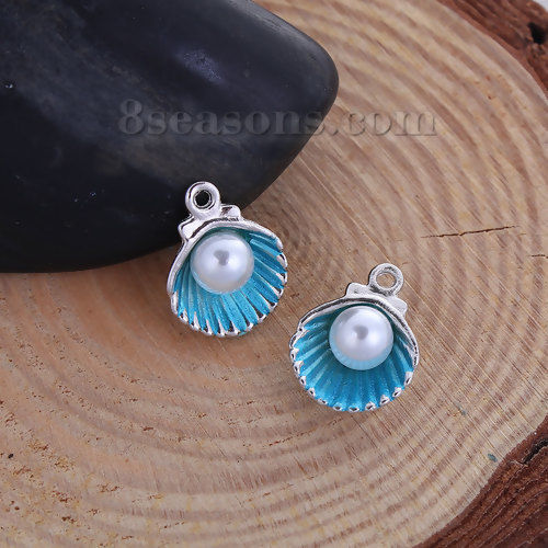 Picture of Zinc Based Alloy One Pearl Jewelry Charms Shell Silver Tone Blue Acrylic Imitation Pearl 15mm( 5/8") x 12mm( 4/8"), 20 PCs