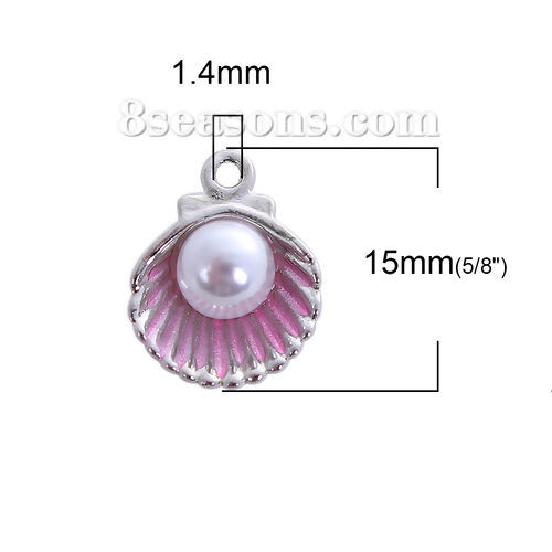 Picture of Zinc Based Alloy One Pearl Jewelry Charms Shell Silver Tone Pink Acrylic Imitation Pearl 15mm( 5/8") x 12mm( 4/8"), 20 PCs