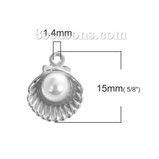 Immagine di Lega di Zinco Gioielli di una Perla Charms Conchiglia Tono Argento Bianco Perla Imitato Acrilico 15mm x 12mm , 20 Pz
