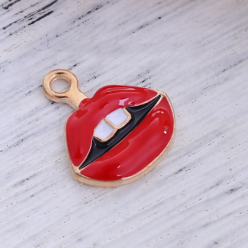 Picture of Zinc Based Alloy Makeup Charms Tooth Gold Plated White & Red Lip Enamel 19mm( 6/8") x 17mm( 5/8"), 10 PCs