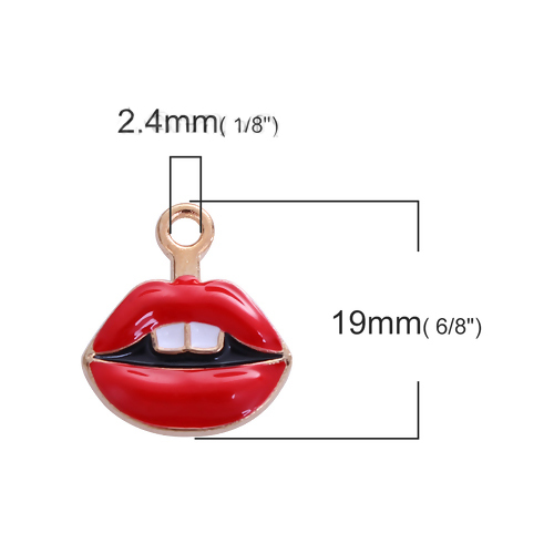 Image de Breloque Maquillage en Alliage de Zinc Dents Lèvres Email Doré Blanc & Rouge 19mm x 17mm, 10 Pcs