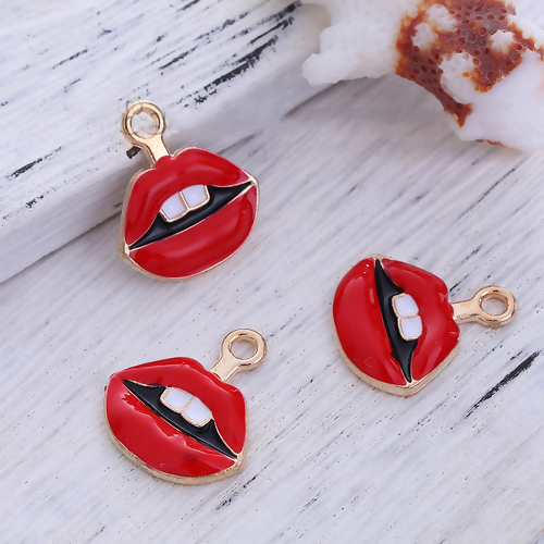 Picture of Zinc Based Alloy Makeup Charms Tooth Gold Plated White & Red Lip Enamel 19mm( 6/8") x 17mm( 5/8"), 10 PCs