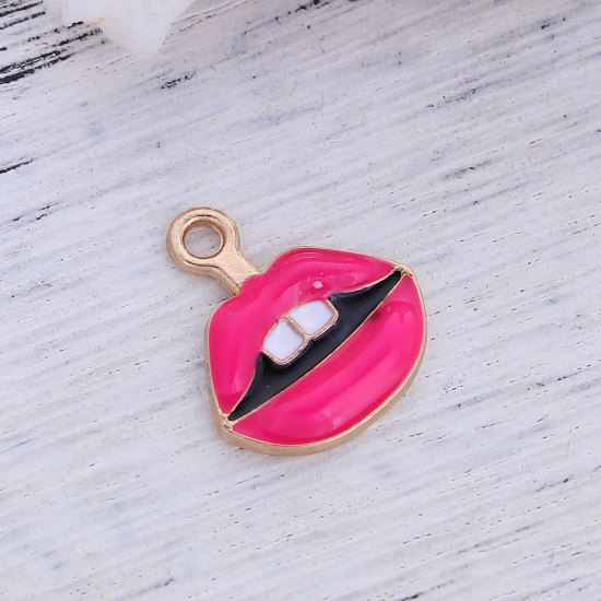 Picture of Zinc Based Alloy Makeup Charms Tooth Gold Plated White & Fuchsia Lip Enamel 19mm( 6/8") x 17mm( 5/8"), 10 PCs