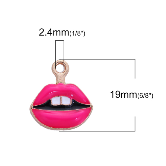 Image de Breloque Maquillage en Alliage de Zinc Dents Lèvres Email Doré Blanc & Fuchsia 19mm x 17mm, 10 Pcs