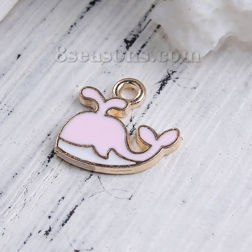 Picture of Zinc Based Alloy Charms Whale Animal Gold Plated White & Pink Enamel 14mm( 4/8") x 12mm( 4/8"), 20 PCs