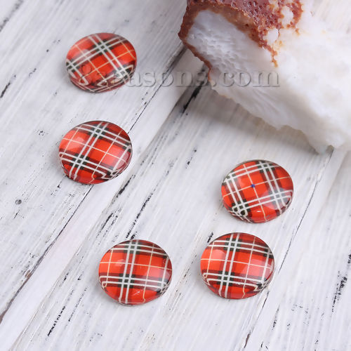 Picture of Glass Dome Seals Cabochon Round Flatback Red Grid Checker Transparent 12mm( 4/8") Dia, 50 PCs