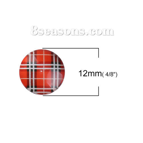 Picture of Glass Dome Seals Cabochon Round Flatback Red Grid Checker Transparent 12mm( 4/8") Dia, 50 PCs