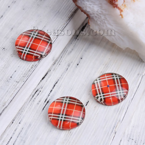 Picture of Glass Dome Seals Cabochon Round Flatback Red Grid Checker Transparent 12mm( 4/8") Dia, 50 PCs