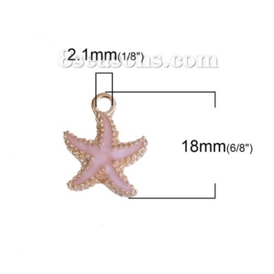 Bild von Zinklegierung Ozean Schmuck Charms Seesterne Vergoldet Rosa Emaille 18mm x 15mm, 20 Stück