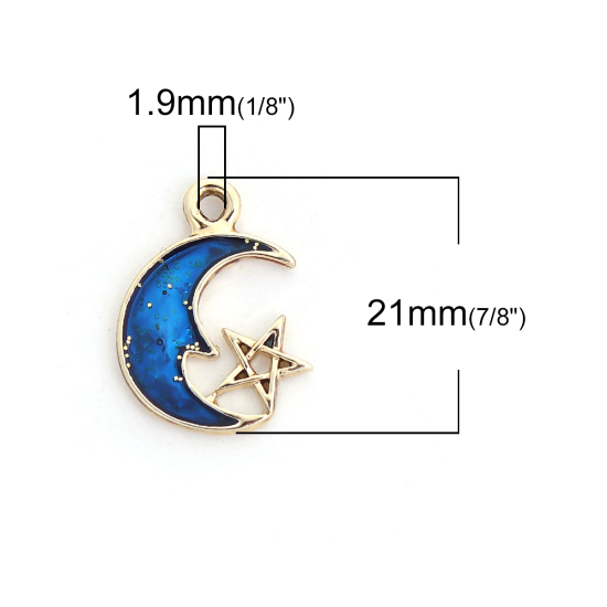 Picture of Zinc Based Alloy Galaxy Charms Half Moon Gold Plated Royal Blue Star Enamel 21mm( 7/8") x 15mm( 5/8"), 10 PCs