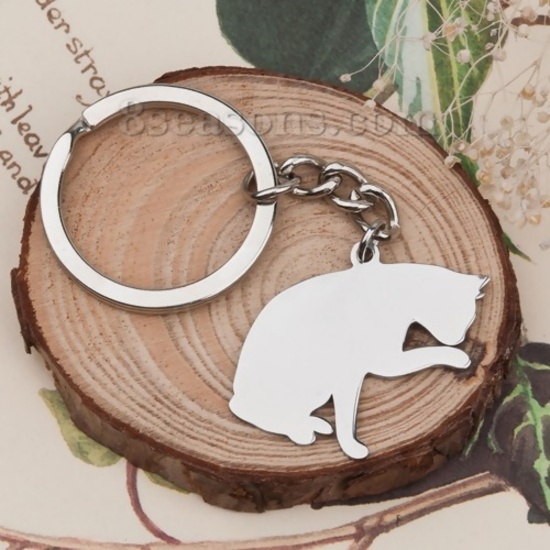 Imagen de 304 Acero Inoxidable Silueta Animal Puede Tallar Llana Llaveros Tono de Plata Gato Pulido de Una Cara 80mm x 37mm, 1 Unidad