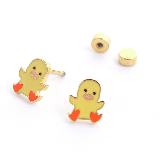 Immagine di 304 Acciaio Inossidabile Orecchini a Perno Oro Placcato Giallo Anatra Smalto 9mm x 7mm, Posta / Filo Dimensione: (17 misura), 1 Paio