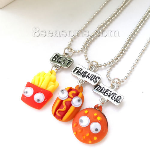 Picture of Resin Best Friends Necklace Red Yellow Hamburger Hot Dog Message " BEST FRIENDS FOREVER " 47cm(18 4/8") long, 1 Set ( 3 PCs/Set)