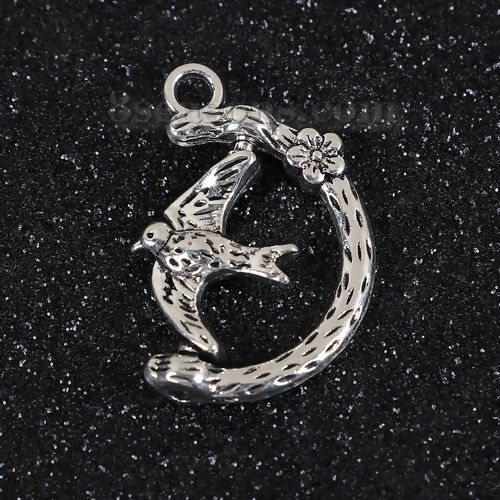 Picture of Zinc Based Alloy Spinning Charms Branch Antique Silver Color Bird 25mm(1") x 17mm( 5/8"), 10 PCs