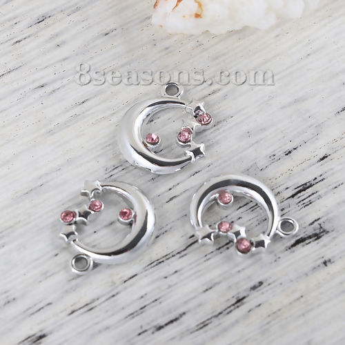 Picture of Zinc Based Alloy Galaxy Charms Half Moon Silver Tone Star Pink Rhinestone 17mm( 5/8") x 14mm( 4/8"), 20 PCs