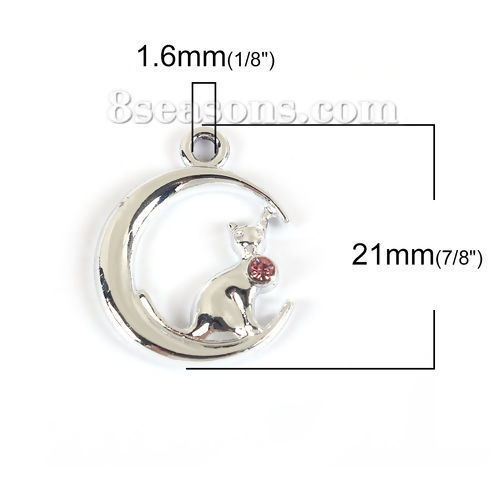 Picture of Zinc Based Alloy Galaxy Charms Half Moon Silver Tone Cat Pink Rhinestone 21mm( 7/8") x 16mm( 5/8"), 20 PCs