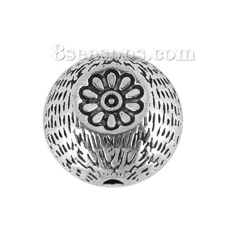 Picture of Zinc Based Alloy Spacer Beads Round Antique Silver Color Flower About 14mm Dia, Hole: Approx 1.8mm, 20 PCs
