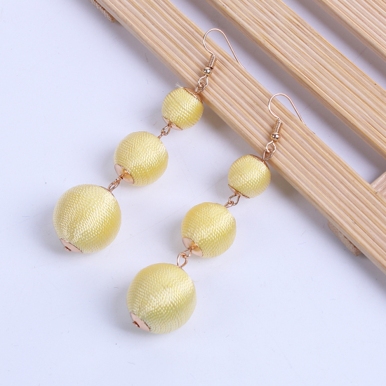 Picture of Acrylic & Cotton Bon Bon Earrings Gold Plated Yellow Ball 9cm(3 4/8"), Post/ Wire Size: (21 gauge), 1 Pair