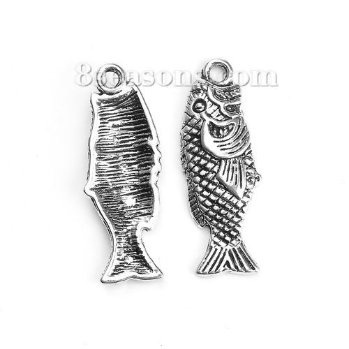 Picture of Zinc Based Alloy Charms Fish Animal Antique Silver Color 28mm(1 1/8") x 11mm( 3/8"), 50 PCs