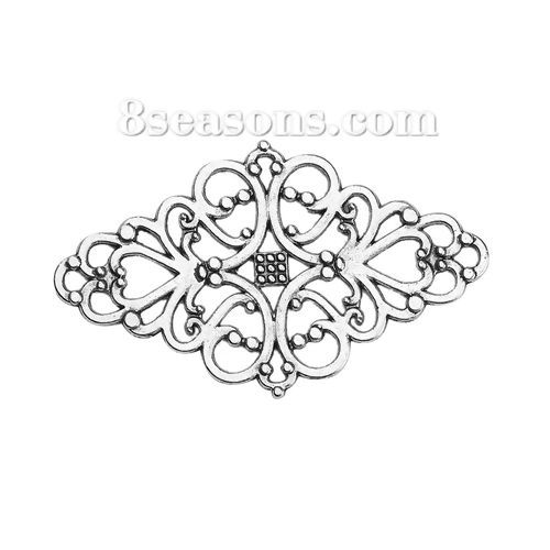 Bild von Zinklegierung Embellishments Cabochons Raute Antiksilber Filigran 42mm x 25mm, 30 Stück