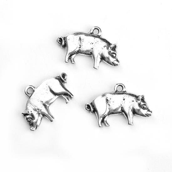 Imagen de Zamak Colgantes Charms Cerdo Plata Antigua 20mm x 13mm, 30 Unidades