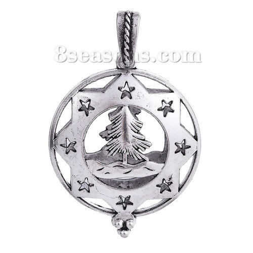 Picture of Zinc Based Alloy Aromatherapy Essential Oil Diffuser Locket Pendants Christmas Tree Antique Silver Color Star Carved Cabochon Settings (Fits 3.2cm) Can Open 52mm(2") x 35mm(1 3/8"), 1 Piece
