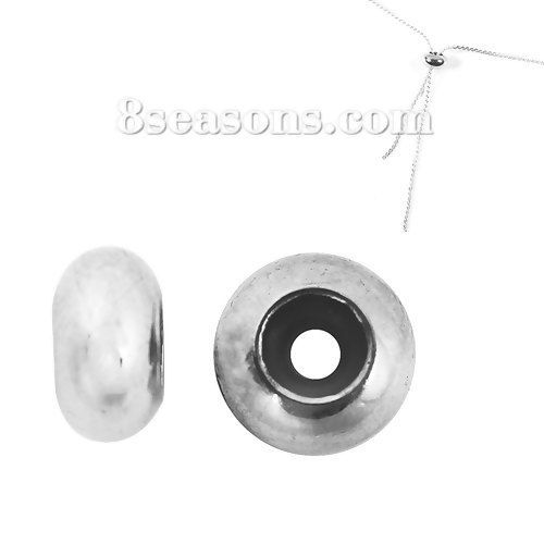 Picture of Brass Spacer Slider Clasp Beads Round Silver Tone With Adjustable Silicone Core About 8mm( 3/8") Dia, Hole: Approx 2mm, 5 PCs                                                                                                                                 