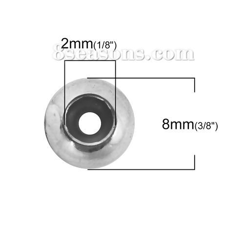 Picture of Brass Spacer Slider Clasp Beads Round Silver Tone With Adjustable Silicone Core About 8mm( 3/8") Dia, Hole: Approx 2mm, 5 PCs                                                                                                                                 