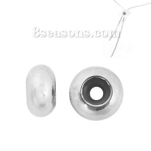 Picture of Brass Spacer Slider Clasp Beads Round Silver Plated With Adjustable Silicone Core About 8mm( 3/8") Dia, Hole: Approx 2mm, 5 PCs                                                                                                                               