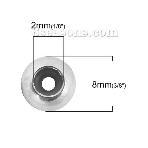 Picture of Brass Spacer Slider Clasp Beads Round Silver Plated With Adjustable Silicone Core About 8mm( 3/8") Dia, Hole: Approx 2mm, 5 PCs                                                                                                                               