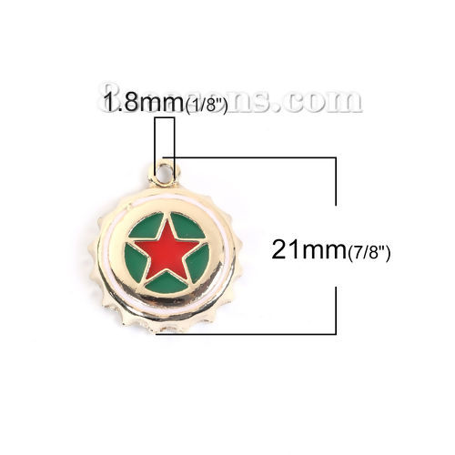 Picture of Zinc Based Alloy Bottle Cap Jewelry Charms Round Gold Plated Green Pentagram Star Enamel 21mm( 7/8") x 18mm( 6/8"), 5 PCs