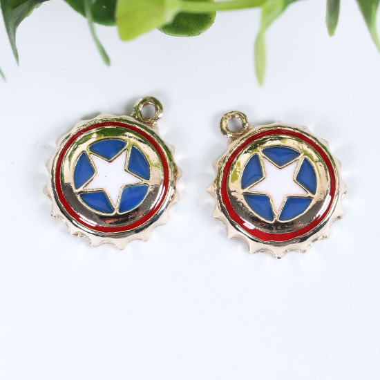Picture of Zinc Based Alloy Bottle Cap Jewelry Charms Round Gold Plated Green Pentagram Star Enamel 21mm( 7/8") x 18mm( 6/8"), 5 PCs