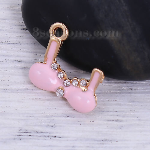 Picture of Zinc Based Alloy Charms Gold Plated Pink Bra Clear Rhinestone Enamel 18mm( 6/8") x 16mm( 5/8"), 10 PCs