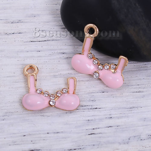 Picture of Zinc Based Alloy Charms Gold Plated Pink Bra Clear Rhinestone Enamel 18mm( 6/8") x 16mm( 5/8"), 10 PCs