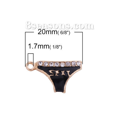 Picture of Zinc Based Alloy Charms Gold Plated Black Panties Message " sexy " Clear Rhinestone Enamel 20mm( 6/8") x 12mm( 4/8"), 10 PCs