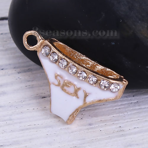 Picture of Zinc Based Alloy Charms Gold Plated White Panties Message " sexy " Clear Rhinestone Enamel 20mm( 6/8") x 12mm( 4/8"), 10 PCs
