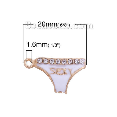 Picture of Zinc Based Alloy Charms Gold Plated White Panties Message " sexy " Clear Rhinestone Enamel 20mm( 6/8") x 12mm( 4/8"), 10 PCs